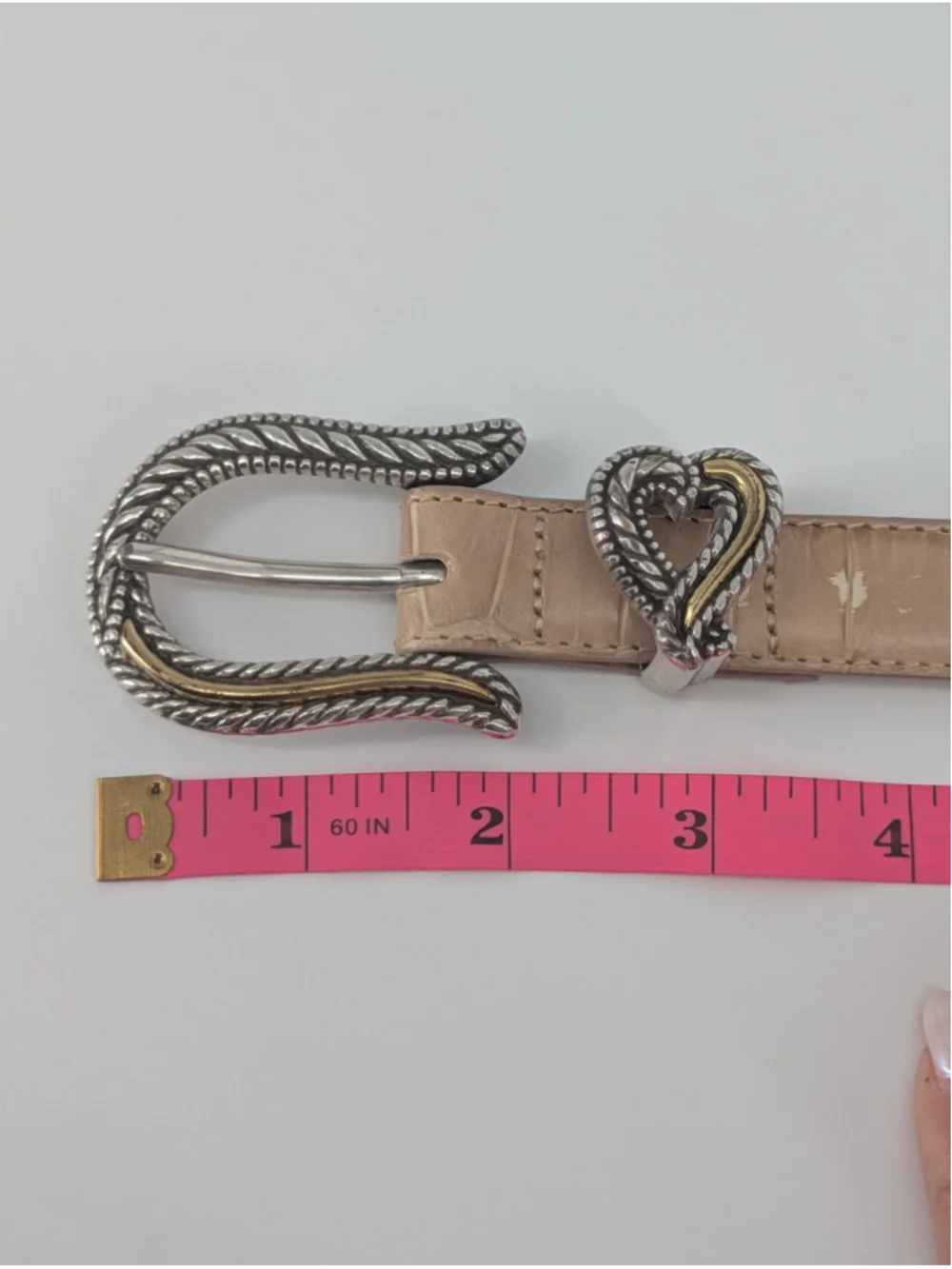 Vintage Brighton C3118 Beige Croc Embossed Leather Heart Buckle Belt L 34